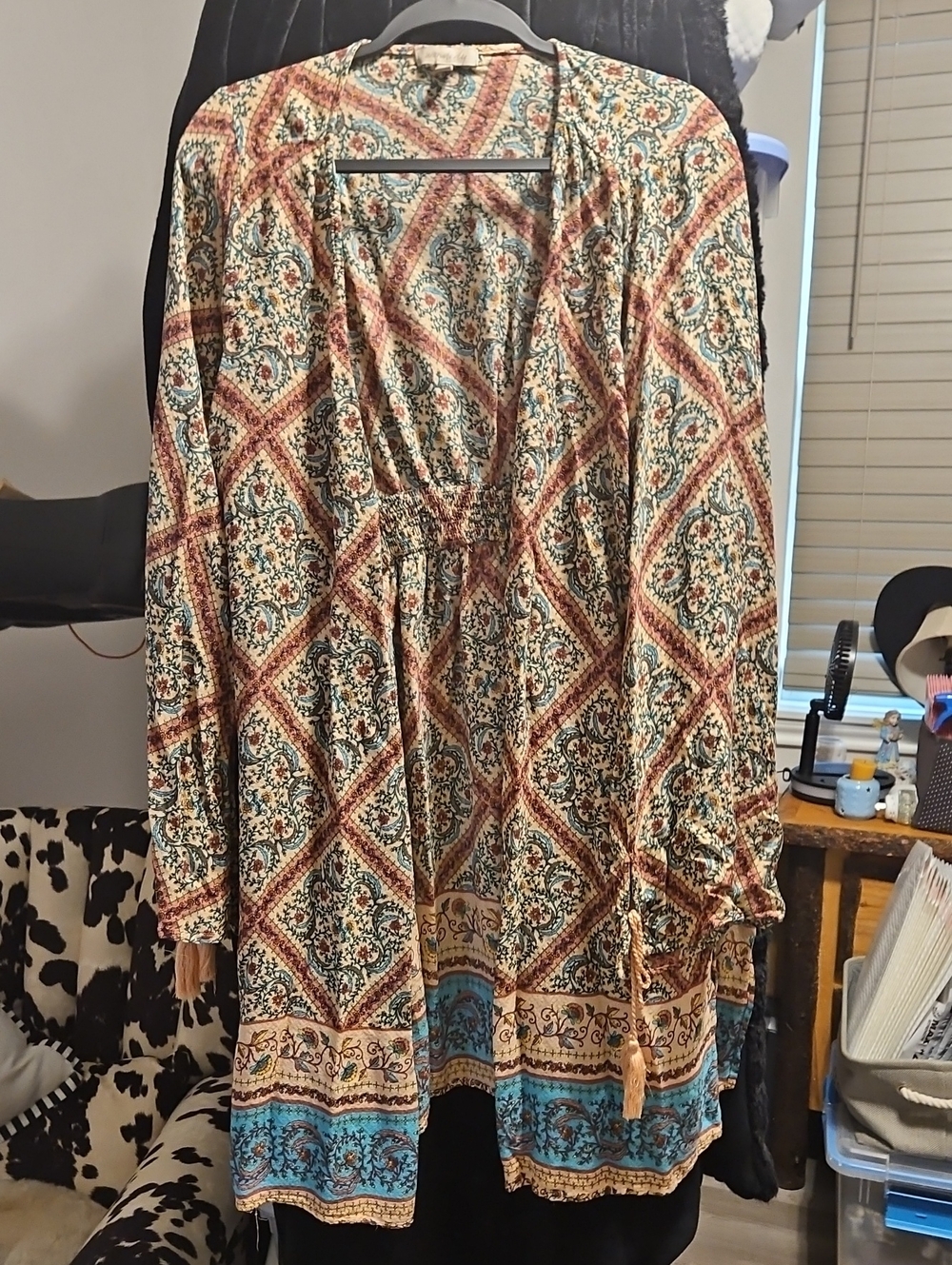 Wonderly Boho Long Sleeve V-Neck Dress in Cream, Rust & Teal